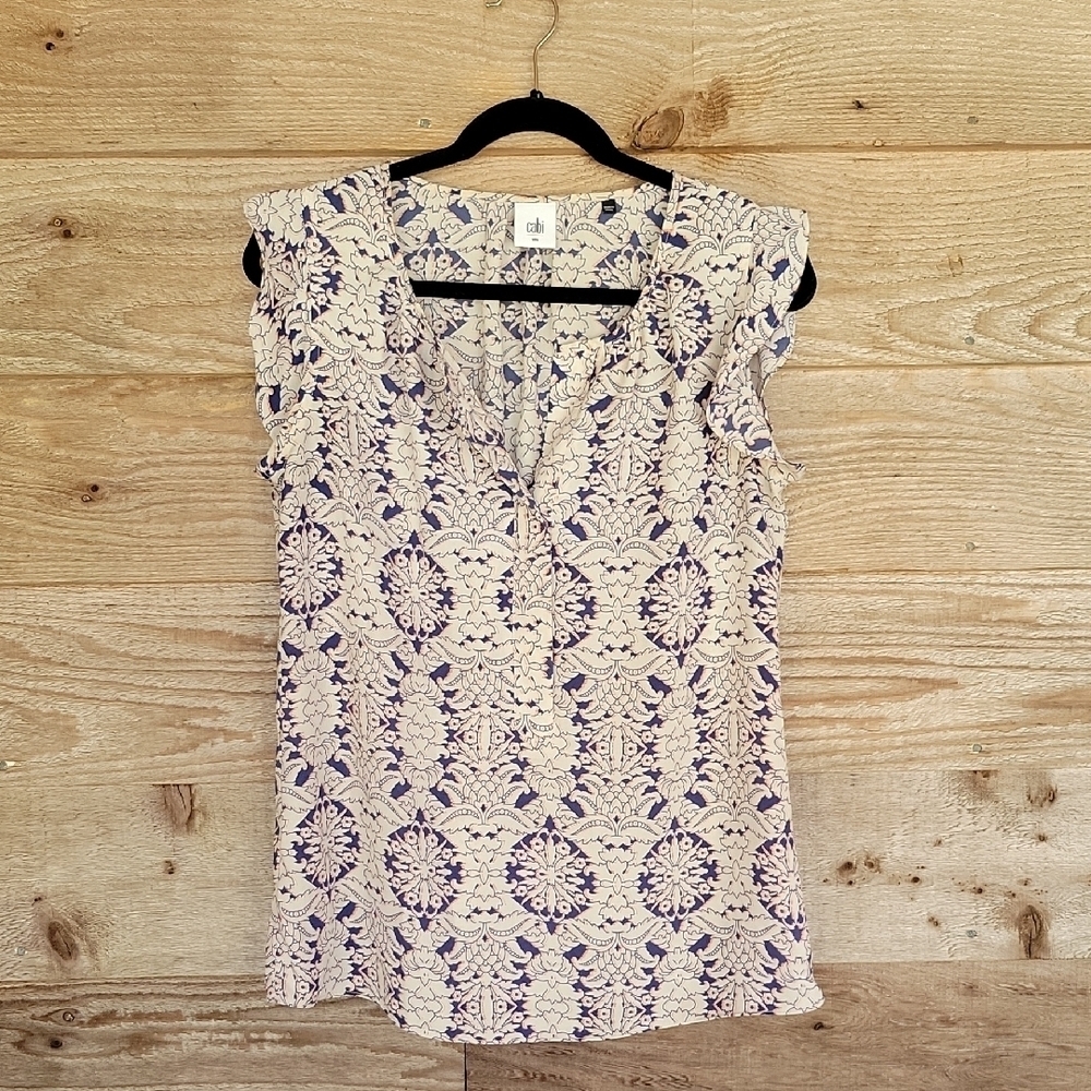 CAbi Size Small Cream and Blue Ruffled Blouse with Mandarin Collar